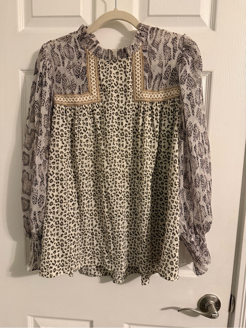 Womens Leopard Print Long-Sleeve Peasant Blouse - Beige/Black